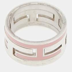 Pre Owned Hermès Sterling Silver Pink Enamel Move H Ring Size EU 52 