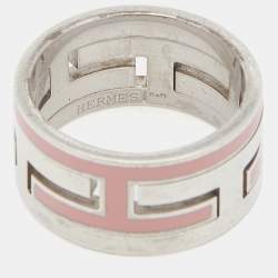 Pre Owned Hermès Sterling Silver Pink Enamel Move H Ring Size EU 52 