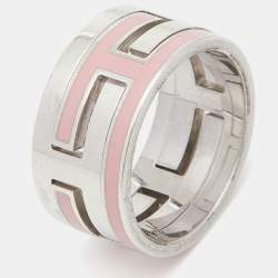 Pre Owned Hermès Sterling Silver Pink Enamel Move H Ring Size EU 52 