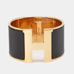 Pre Owned Hermès Clic Clac H Black Enamel Gold Tone Metal Extra Wide Bracelet