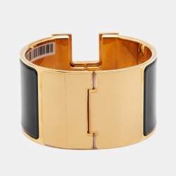 Pre Owned Hermès Clic Clac H Black Enamel Gold Tone Metal Extra Wide Bracelet