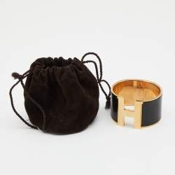 Pre Owned Hermès Clic Clac H Black Enamel Gold Tone Metal Extra Wide Bracelet