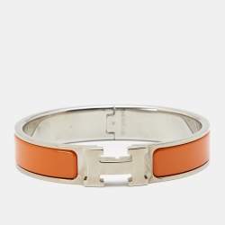 Pre Owned Hermès Clic H Orange Enamel Palladium Plated Narrow Bracelet