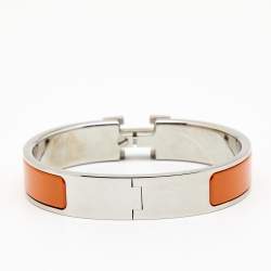 Pre Owned Hermès Clic H Orange Enamel Palladium Plated Narrow Bracelet