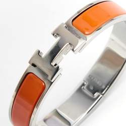 Pre Owned Hermès Clic H Orange Enamel Palladium Plated Narrow Bracelet