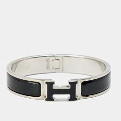 Pre Owned Hermès Clic H Black Enamel Palladium Plated Narrow Bracelet