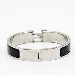 Pre Owned Hermès Clic H Black Enamel Palladium Plated Narrow Bracelet