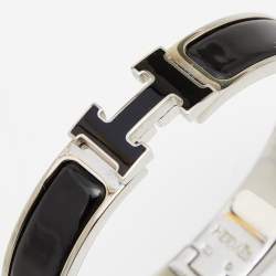 Pre Owned Hermès Clic H Black Enamel Palladium Plated Narrow Bracelet