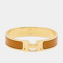 Pre Owned Hermès Clic H Brown Enamel Gold Plated Narrow Bracelet