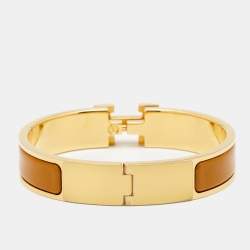 Pre Owned Hermès Clic H Brown Enamel Gold Plated Narrow Bracelet