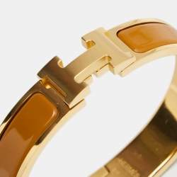 Pre Owned Hermès Clic H Brown Enamel Gold Plated Narrow Bracelet