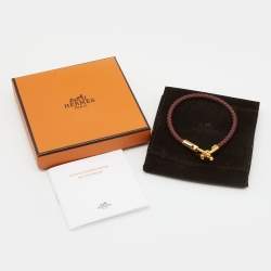Pre Owned Hermes Glenan H Brown Leather Gold Tone Metal Bracelet