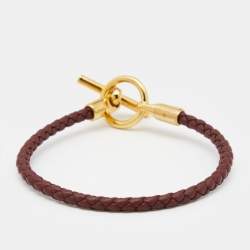Pre Owned Hermes Glenan H Brown Leather Gold Tone Metal Bracelet
