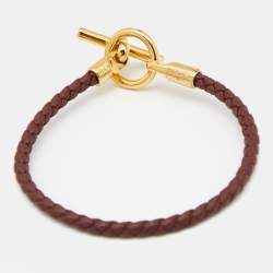 Pre Owned Hermes Glenan H Brown Leather Gold Tone Metal Bracelet