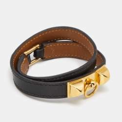 Pre Owned Hermes Rivale Black Leather Double Tour Bracelet S