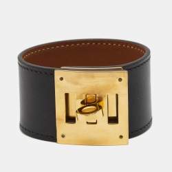Pre Owned Hermès Kelly Dog Black Leather Gold Plated Bracelet