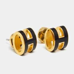 Pre Owned Hermès Pop H Black Lacquered Gold Tone Stud Earrings