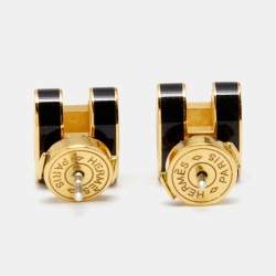 Pre Owned Hermès Pop H Black Lacquered Gold Tone Stud Earrings