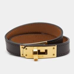 Pre Owned Hermes Kelly Double Tour Brown Leather Gold Tone Wrap Bracelet S