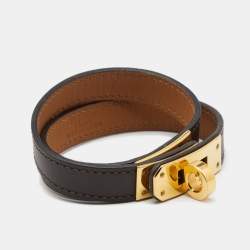 Pre Owned Hermes Kelly Double Tour Brown Leather Gold Tone Wrap Bracelet S