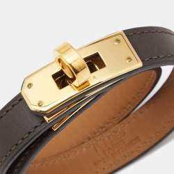 Pre Owned Hermes Kelly Double Tour Brown Leather Gold Tone Wrap Bracelet S