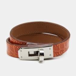 Pre Owned Hermes Kelly Double Tour Orange Alligator Leather Silver Tone Wrap Bracelet S