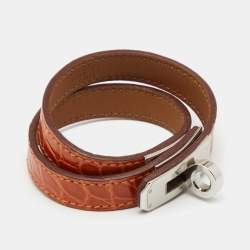 Pre Owned Hermes Kelly Double Tour Orange Alligator Leather Silver Tone Wrap Bracelet S