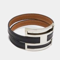 Hermes Pousse Pousse Black Leather Palladium Plated Adjustable H Bracelet
