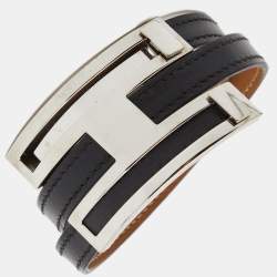 Hermes Pousse Pousse Black Leather Palladium Plated Adjustable H Bracelet