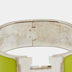 Pre Owned Hermès Clic Clac H Neon Green Enamel Palladium Plated Wide Bracelet