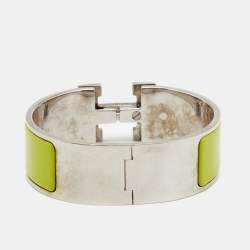 Pre Owned Hermès Clic Clac H Neon Green Enamel Palladium Plated Wide Bracelet
