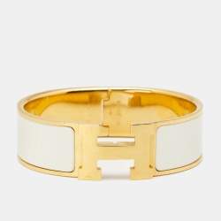 Pre Owned Hermès Clic Clac H White Enamel Gold Plated Wide Bracelet