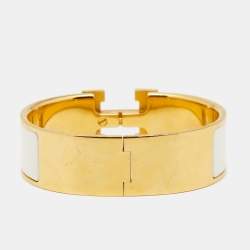Pre Owned Hermès Clic Clac H White Enamel Gold Plated Wide Bracelet