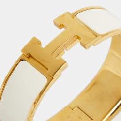 Pre Owned Hermès Clic Clac H White Enamel Gold Plated Wide Bracelet