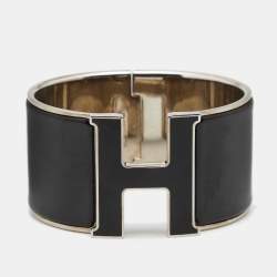 Pre Owned Hermes Clic Clac H Black Enamel Palladium Plated Extra Wide Bracelet