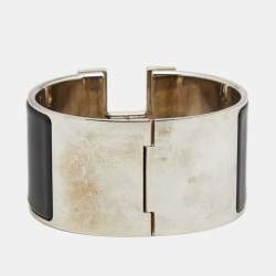 Pre Owned Hermes Clic Clac H Black Enamel Palladium Plated Extra Wide Bracelet