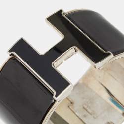 Pre Owned Hermes Clic Clac H Black Enamel Palladium Plated Extra Wide Bracelet
