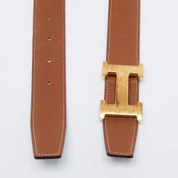 Pre Owned Hermes Black/Gold Chamonix and Togo Leather Gold Finish Reversible H Buckle Belt 90CM