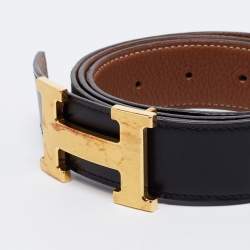 Pre Owned Hermes Black/Gold Chamonix and Togo Leather Gold Finish Reversible H Buckle Belt 90CM