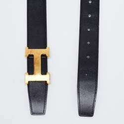 Pre Owned Hermes Black/Gold Chamonix and Togo Leather Gold Finish Reversible H Buckle Belt 90CM