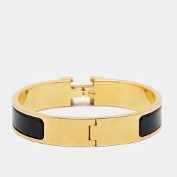 Pre Owned Hermes Clic H Black Enamel Gold Plated Metal Bracelet 