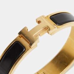 Pre Owned Hermes Clic H Black Enamel Gold Plated Metal Bracelet 