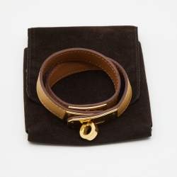 Pre Owned Hermes Kelly Double Tour Beige Leather Gold Plated Bracelet