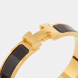 Pre Owned Hermès Clic H Black Enamel Gold Plated Narrow Bracelet