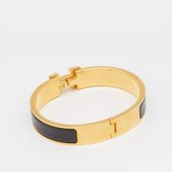 Pre Owned Hermès Clic H Black Enamel Gold Plated Narrow Bracelet