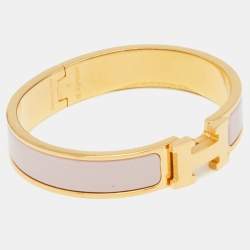 Pre Owned Hermes Clic H Nude Pink Enamel Gold Plated Narrow Bracelet PM
