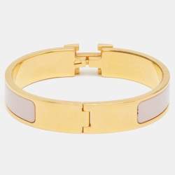 Pre Owned Hermes Clic H Nude Pink Enamel Gold Plated Narrow Bracelet PM