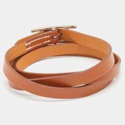 Pre Owned Hermes Hapi 3 Brown Leather Palladium Plated Wrap Bracelet S