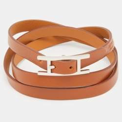 Pre Owned Hermes Hapi 3 Brown Leather Palladium Plated Wrap Bracelet S
