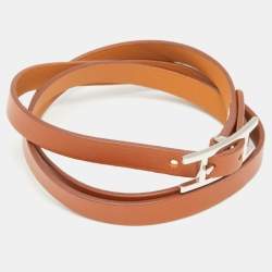 Pre Owned Hermes Hapi 3 Brown Leather Palladium Plated Wrap Bracelet S